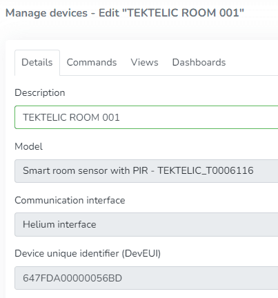 Modification de l'appareil avec modèle, interface de communication Helium interface et champ DevEUI