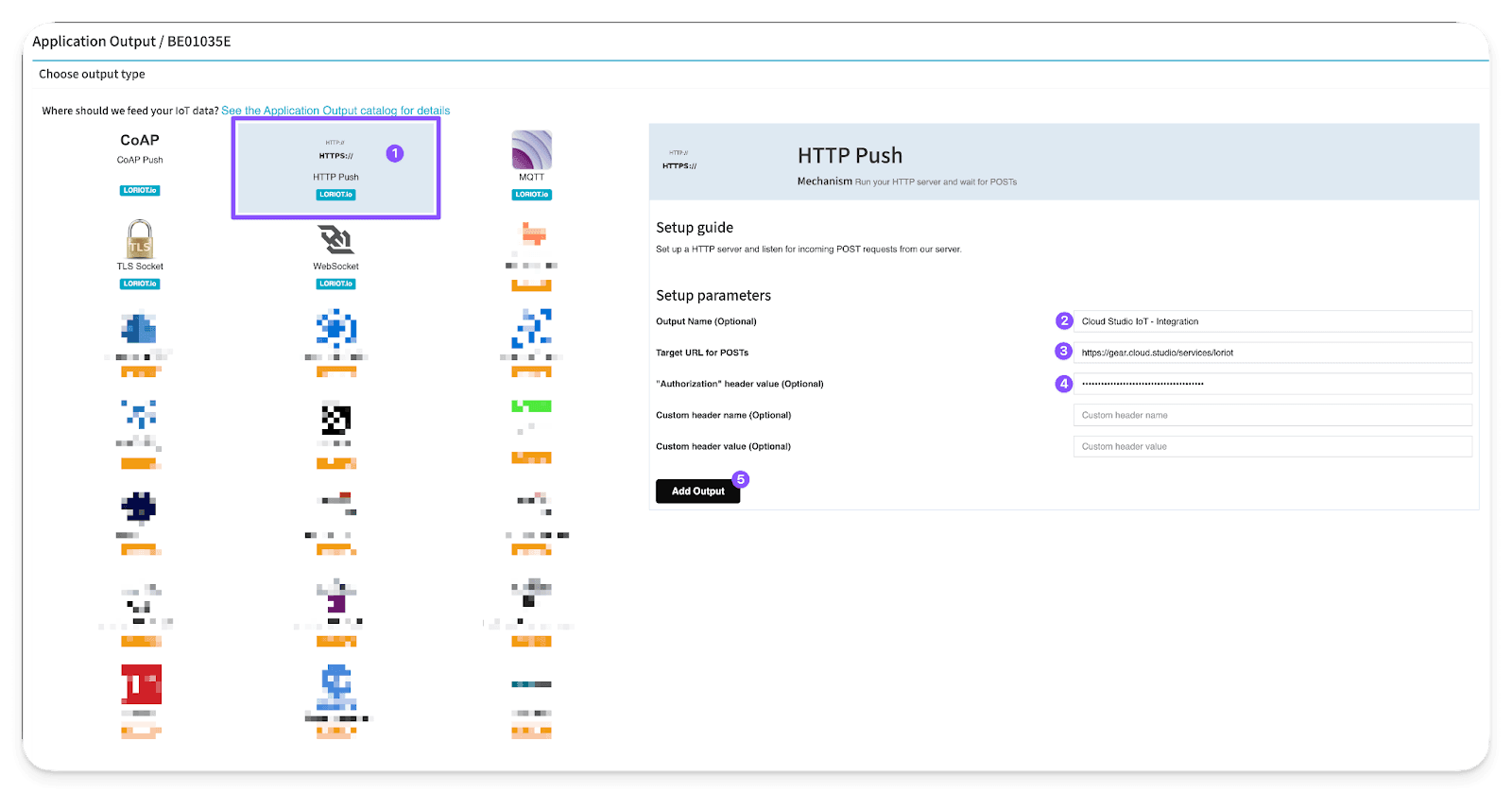Configuration de la sortie HTTP Push dans LORIOT avec nom, URL cible et en-tête Authorization