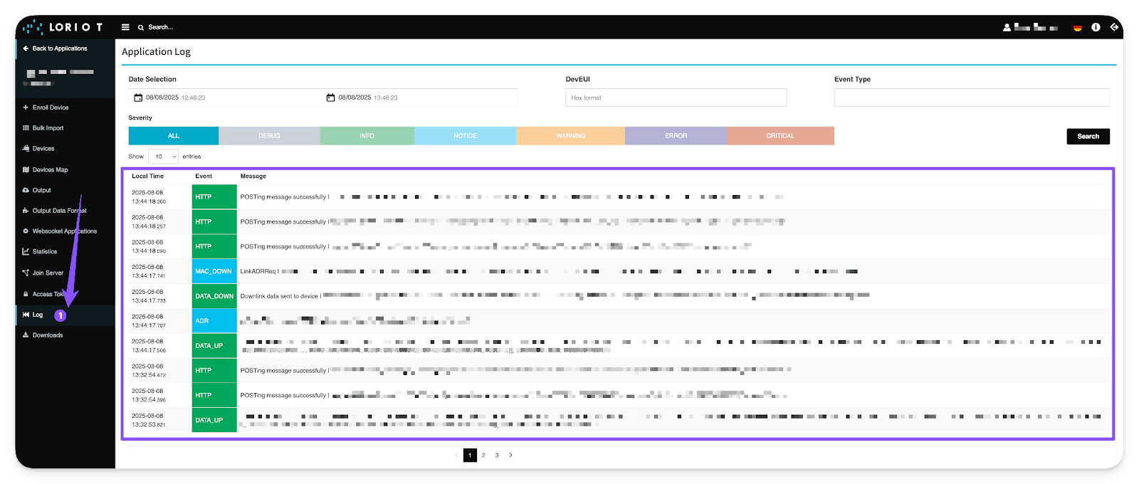 Journal d'application LORIOT avec envois HTTP réussis et le menu Log mis en évidence