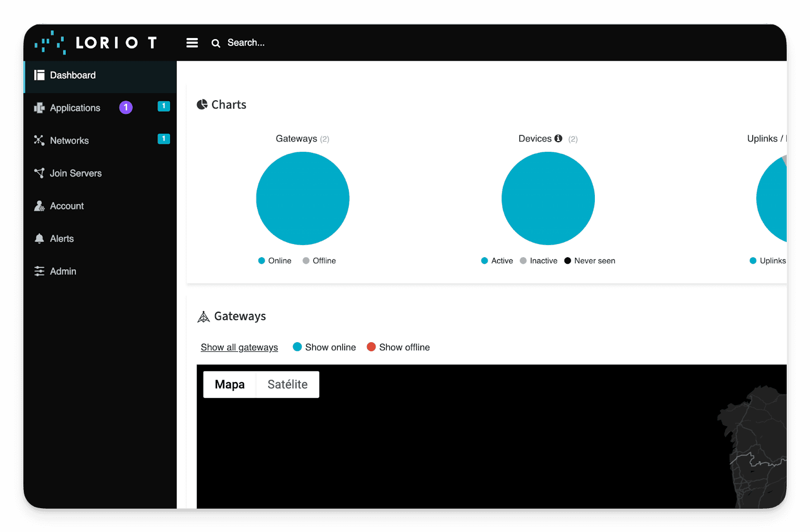 Tableau de bord LORIOT avec graphiques des passerelles et appareils et le menu Applications signalé