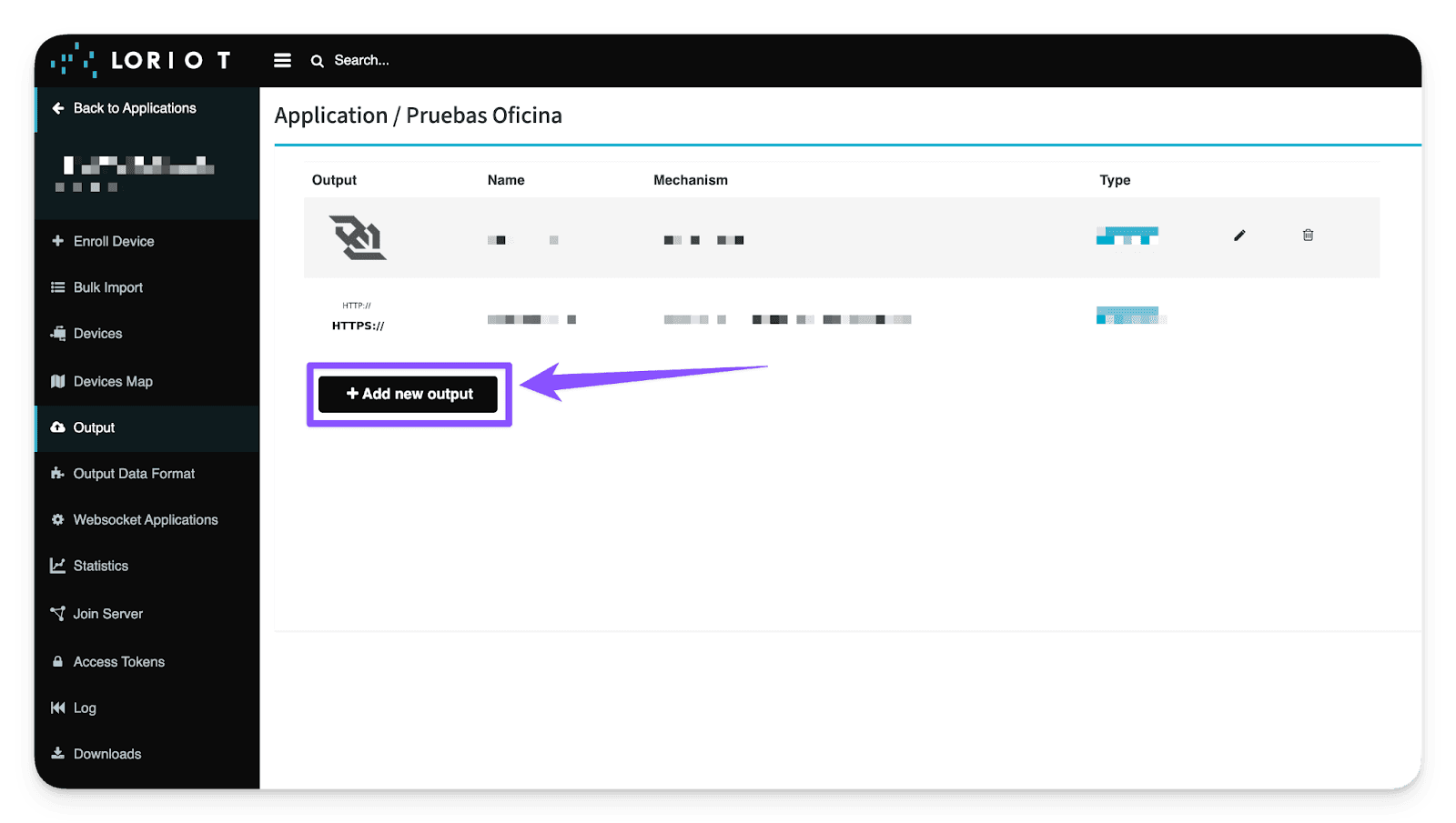 Liste des sorties de l'application LORIOT avec le bouton Add new output mis en évidence