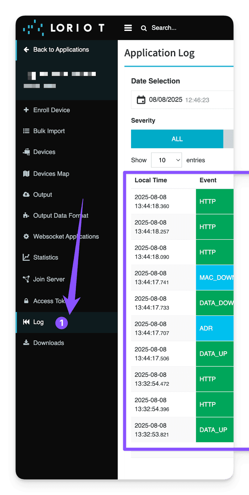 Journal d'application LORIOT avec événements HTTP et le menu Log signalé