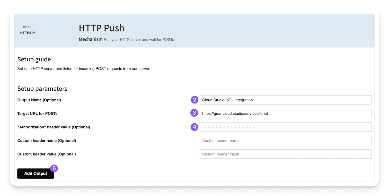 Paramètres HTTP Push avec nom de sortie, URL cible, en-tête Authorization et bouton Add Output