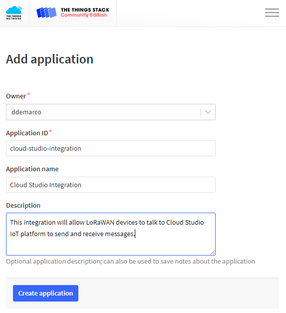 Formulaire Add application de The Things Stack avec propriétaire, ID, nom et description