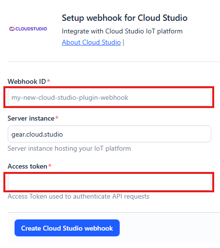 Configuration du webhook Cloud Studio IoT avec ID, instance du serveur et jeton d'accès