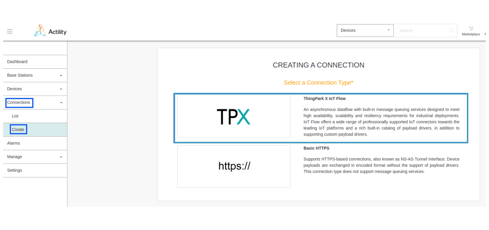 Création de connexion dans Actility avec le type ThingPark X IoT Flow sélectionné