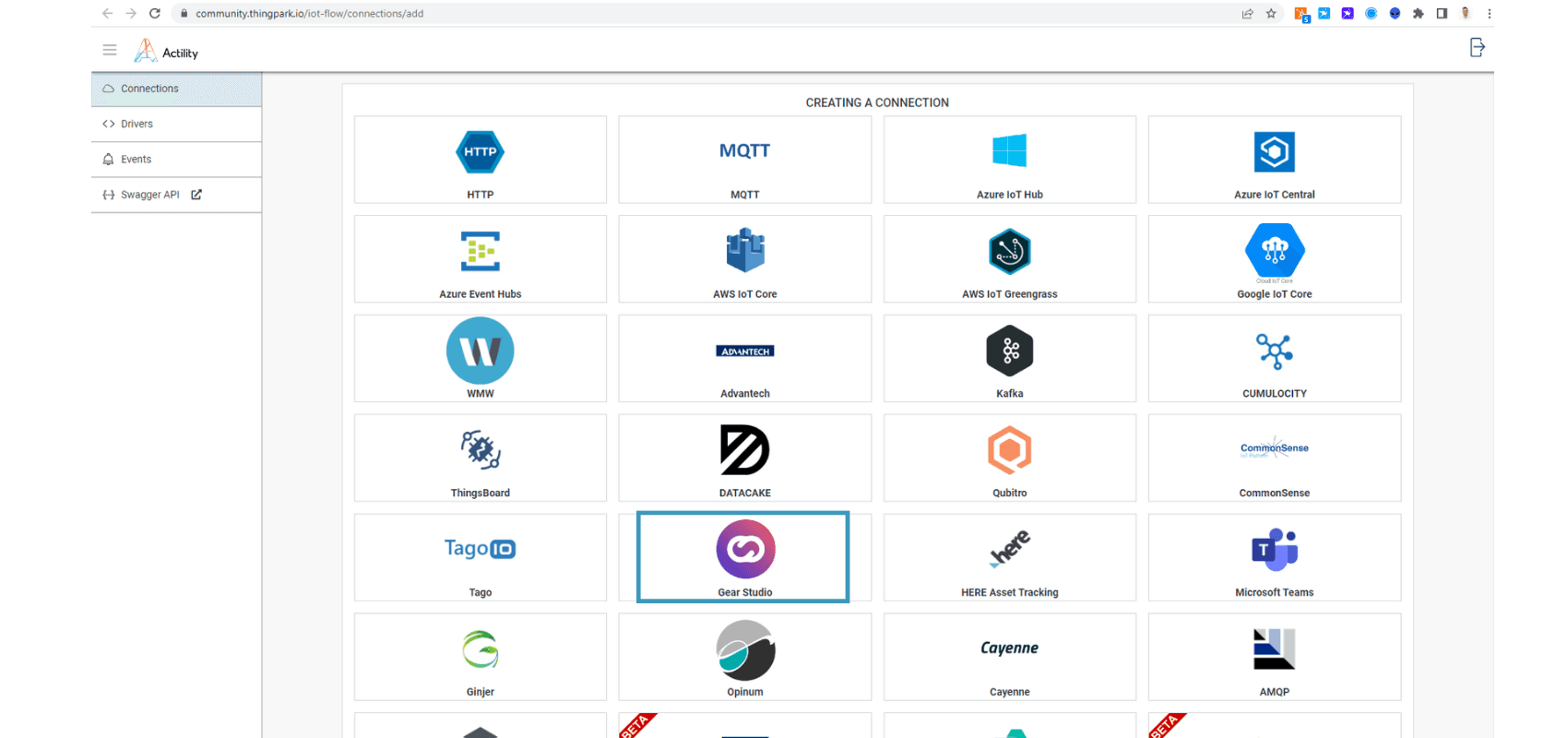 Catalogue des types de connexion ThingPark avec la plateforme cible mise en évidence