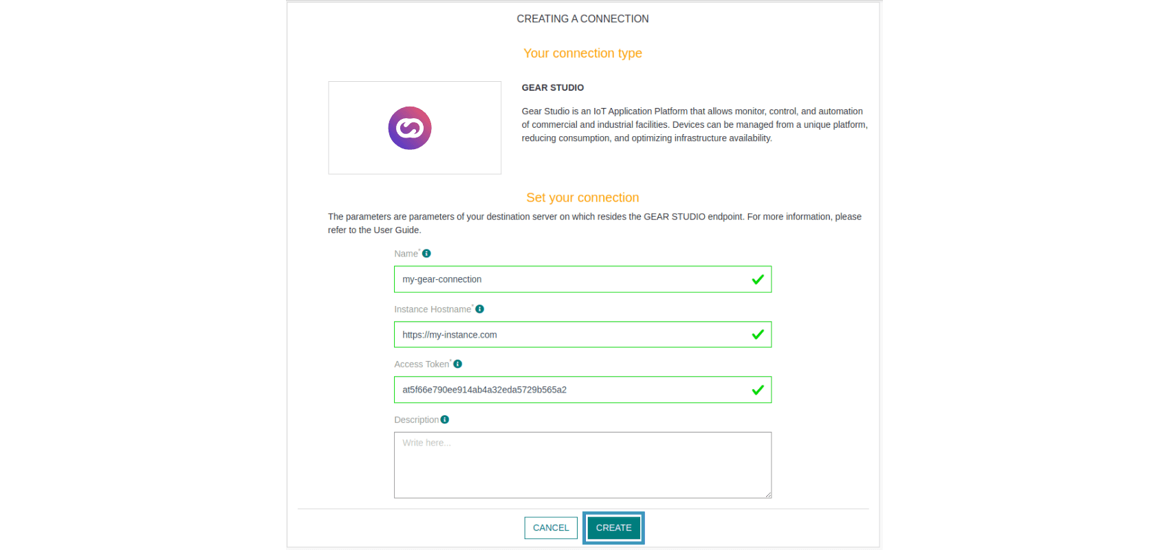 Formulaire de connexion avec nom, nom d'hôte de l'instance, jeton d'accès et bouton Create