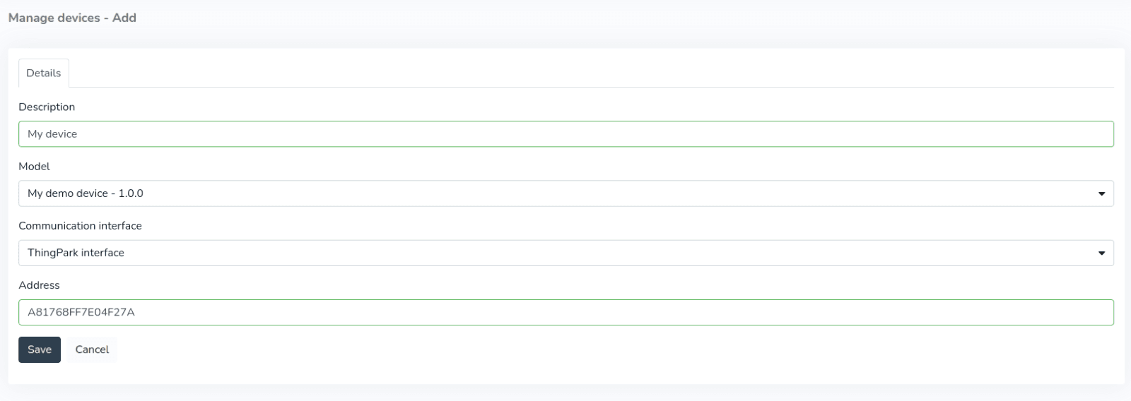 Add device form with model, ThingPark interface and Address field