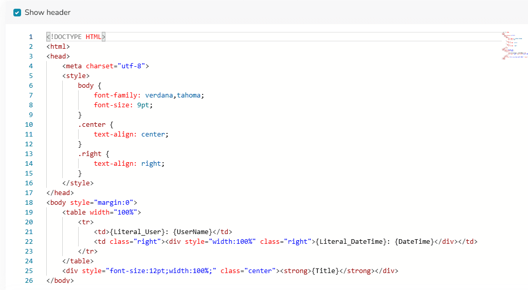 HTML-Code-Editor für die Berichtskopfzeile mit aktivierter Option Kopfzeile anzeigen