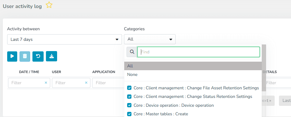 Filter für den Aktivitätszeitraum und geöffnetes Dropdown der Kategorien zur Auswahl der Aktivitäten