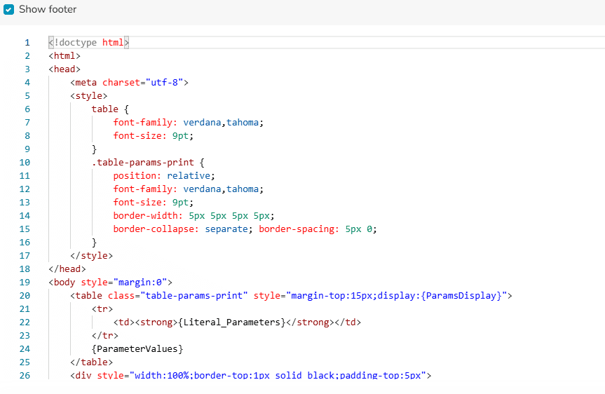 HTML-Code-Editor für die Berichtsfußzeile mit aktivierter Option Fußzeile anzeigen
