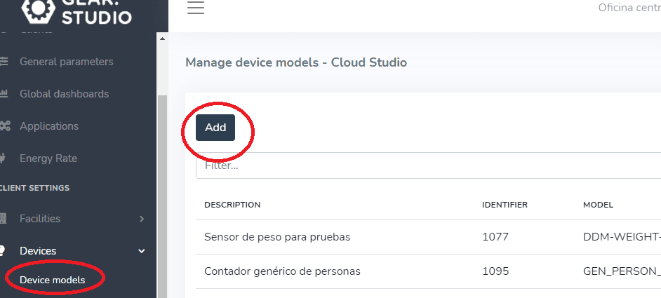 Liste des modèles d'appareil avec l'option Modèles d'appareil et le bouton Ajouter entourés
