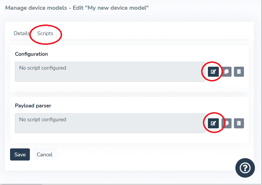 Onglet Scripts du modèle d'appareil avec les scripts de configuration et de conversion de données