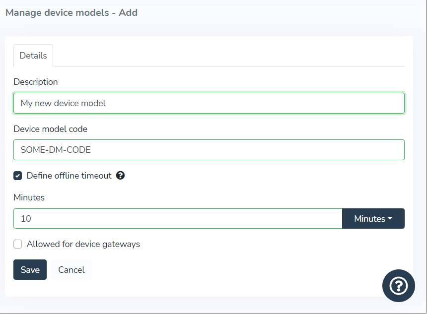 Formulaire d'ajout de modèle d'appareil avec code, délai hors ligne en minutes et option passerelles