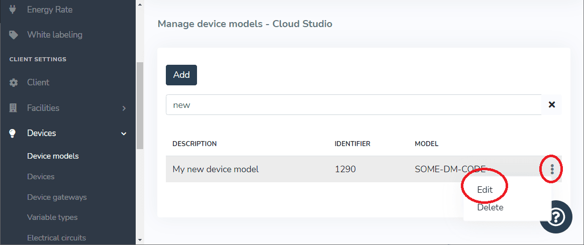 Liste filtrée des modèles d'appareil avec le menu de ligne ouvert et Modifier entouré