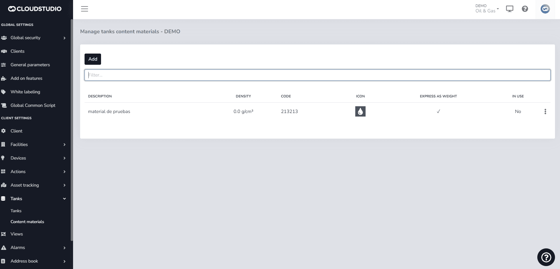 Liste der Tankinhaltsmaterialien mit Dichte, Code, Symbol, Gewichtsangabe und Nutzungsstatus