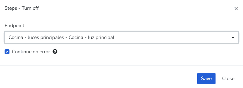 Fenêtre de l'étape Turn off avec sélection de l'endpoint et option continuer en cas d'erreur