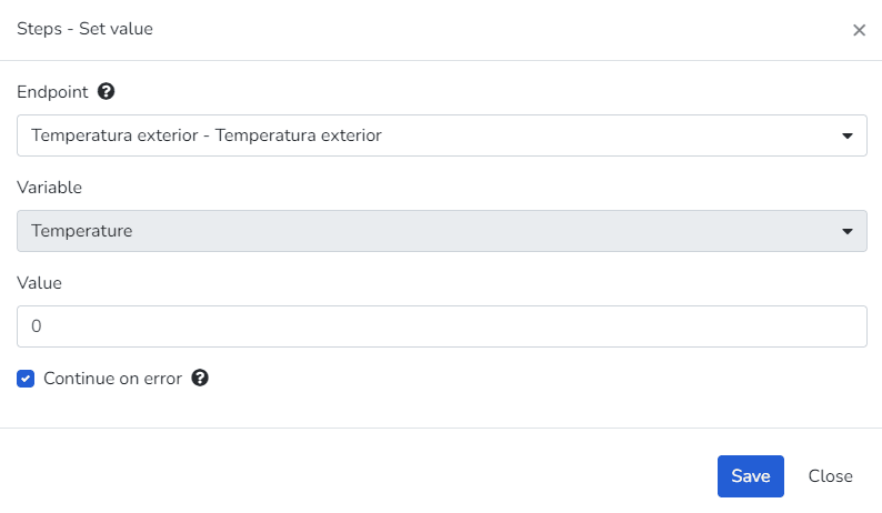 Fenêtre de l'étape Set value avec endpoint, variable, valeur et option continuer en cas d'erreur