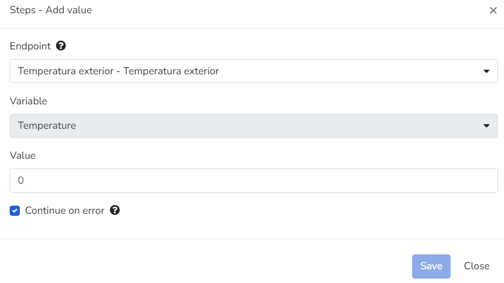 Fenêtre de l'étape Add value avec endpoint, variable et valeur numérique à ajouter
