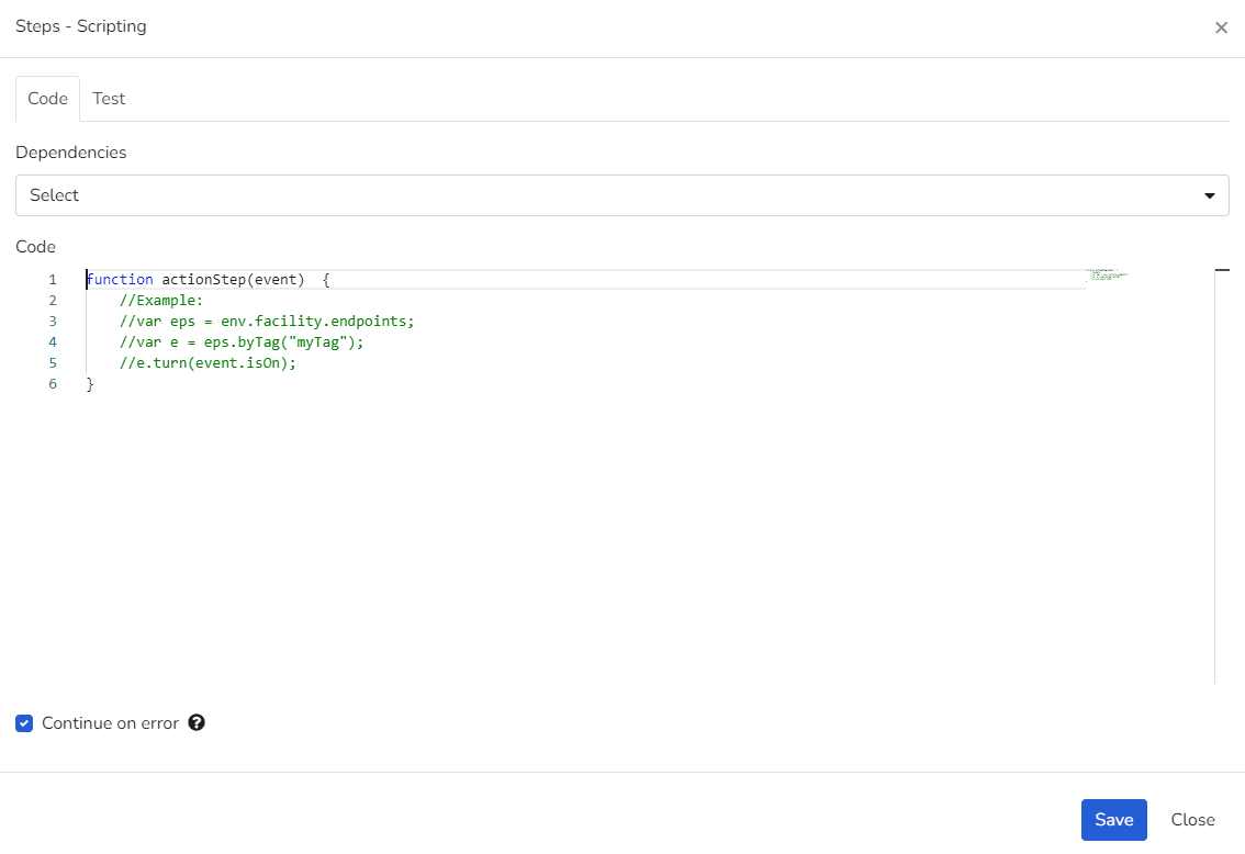 Fenêtre de l'étape Script avec onglets Code et Test, dépendances et éditeur de code