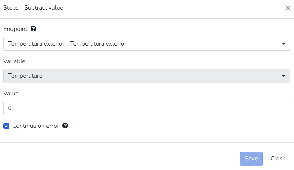 Fenêtre de l'étape Subtract value avec endpoint, variable et valeur numérique à soustraire