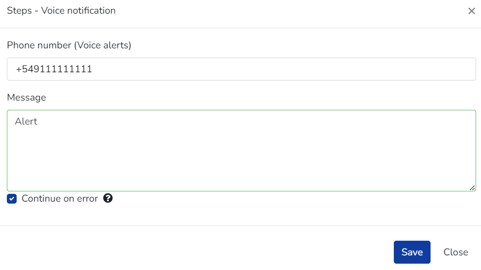 Fenêtre de l'étape de notification vocale avec téléphone, message et option continuer en cas d'erreur