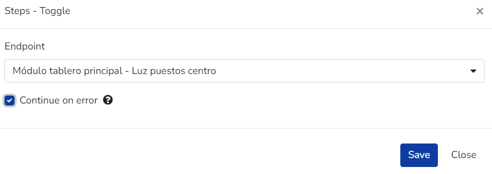 Fenêtre de l'étape Toggle avec sélection de l'endpoint et option continuer en cas d'erreur