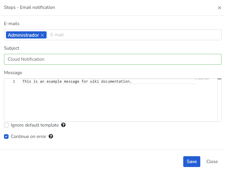 Fenêtre de l'étape de notification par e-mail avec destinataires, objet, message et options
