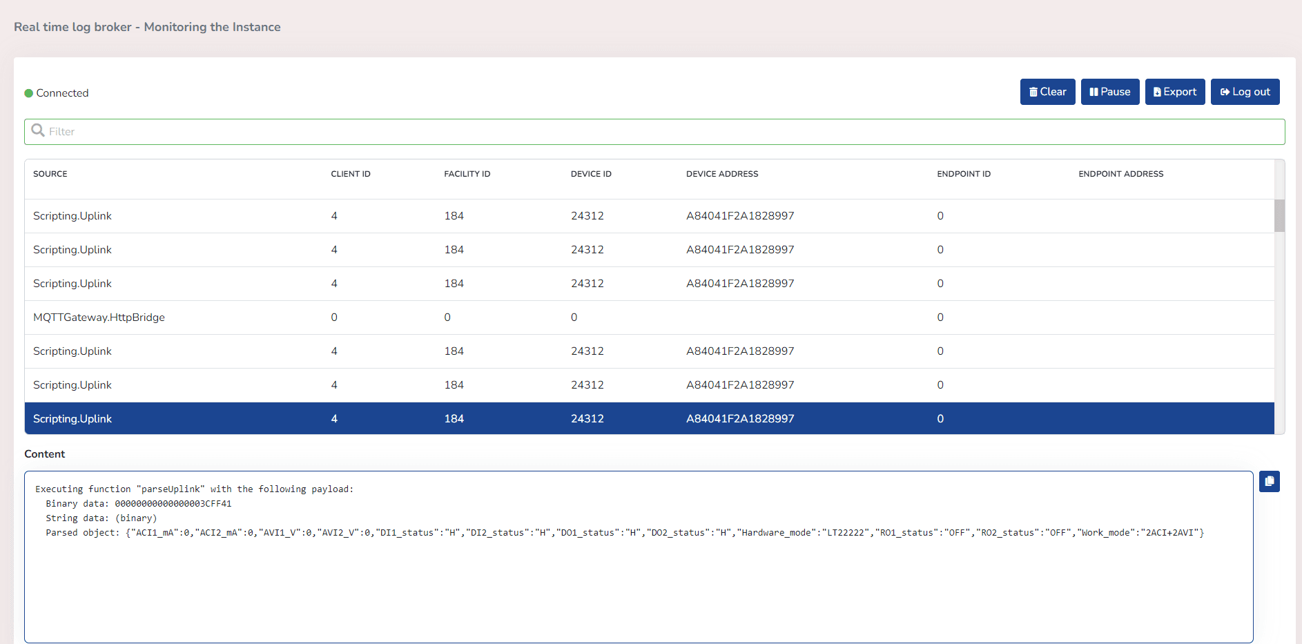 Session Real Time Log Broker avec entrées Uplink et contenu de l'événement sélectionné