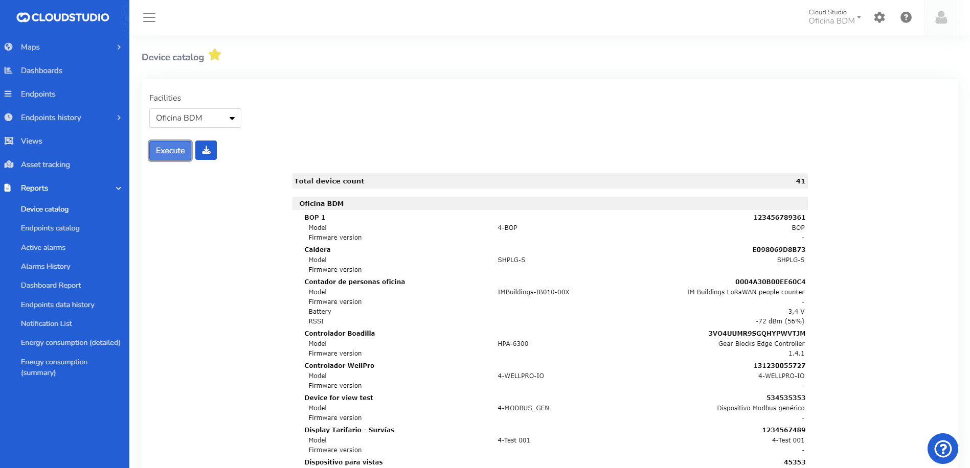 Bericht Geräte-Katalog mit Gesamtzahl der Geräte, Modell und Firmware-Version je Anlage