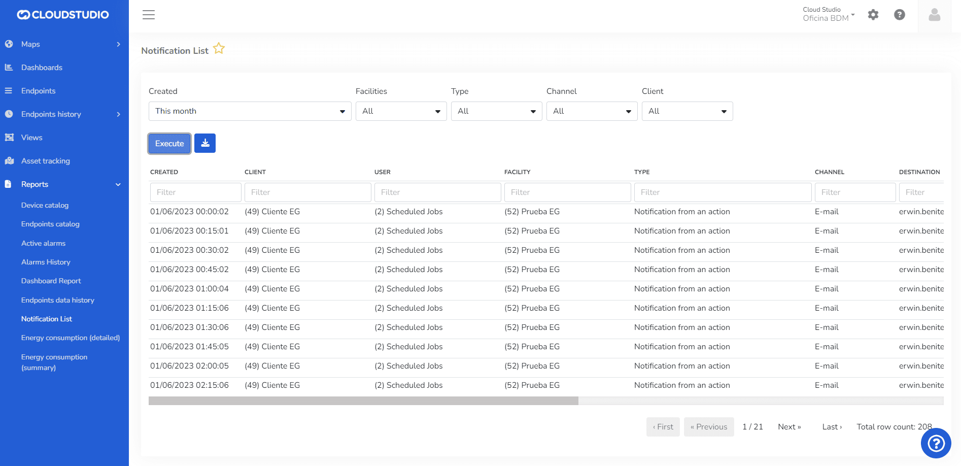 Rapport filtré par date de création, installation, type, canal et client avec les notifications envoyées
