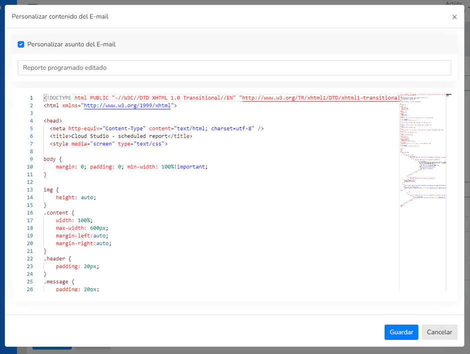 Dialog zum Anpassen des E-Mail-Inhalts mit eigenem Betreff und HTML-Code-Editor