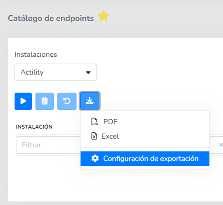 Download-Dropdown des Endpunkt-Katalogs mit PDF, Excel und Export-Konfiguration