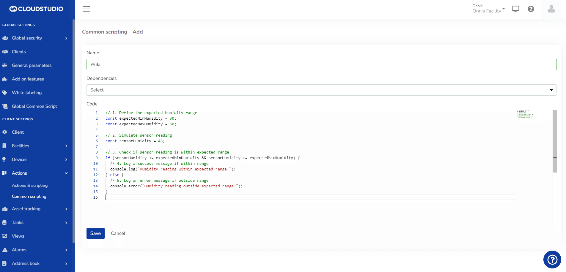 Formular zum Hinzufügen eines gemeinsamen Skripts mit Name, Abhängigkeiten und JS-Code-Editor