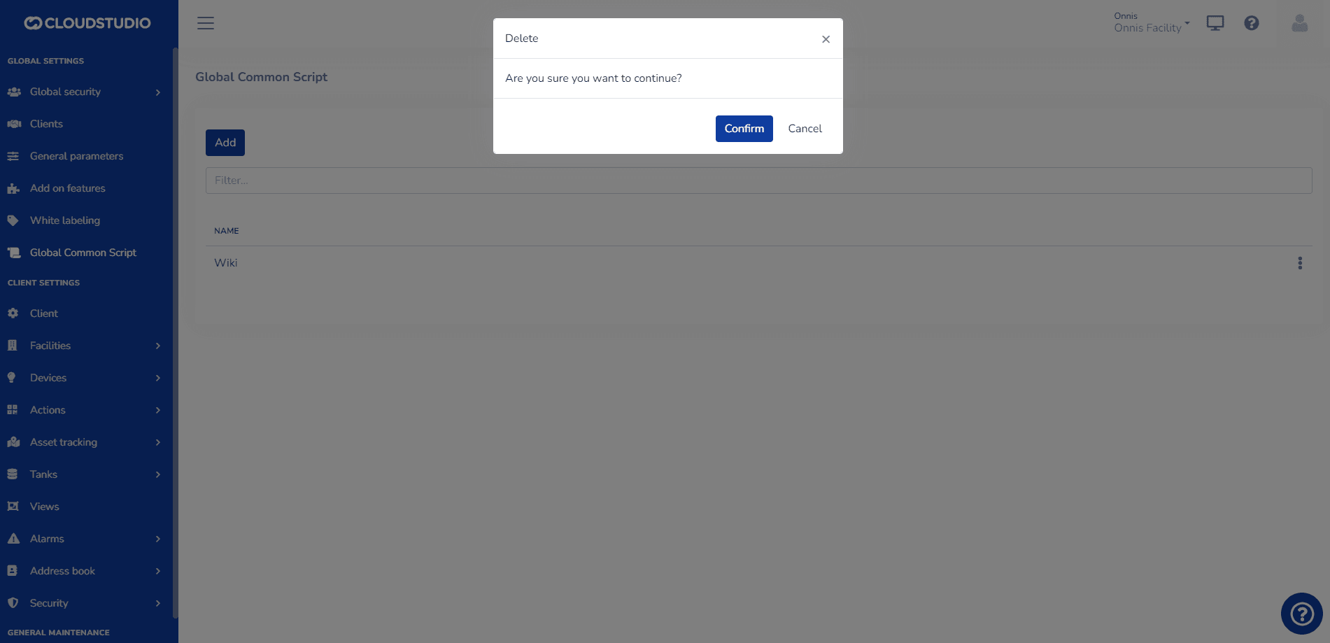 Boîte de dialogue de confirmation pour supprimer un script commun global avec Confirmer et Annuler