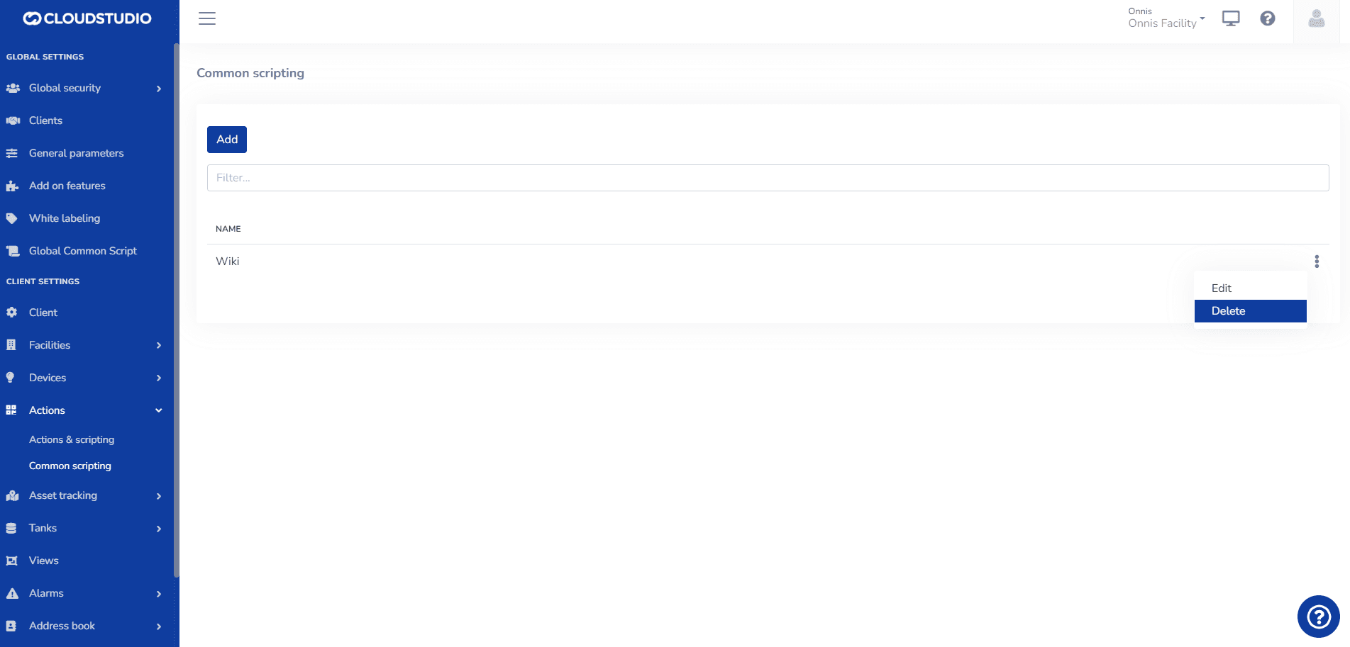 Liste der gemeinsamen Skripte mit geöffnetem Drei-Punkte-Menü und Option Löschen
