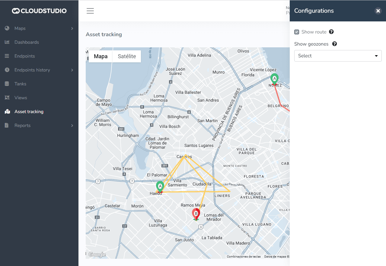 Asset-Tracking-Karte mit der Route des Assets zwischen Startpunkt A und Endpunkt B