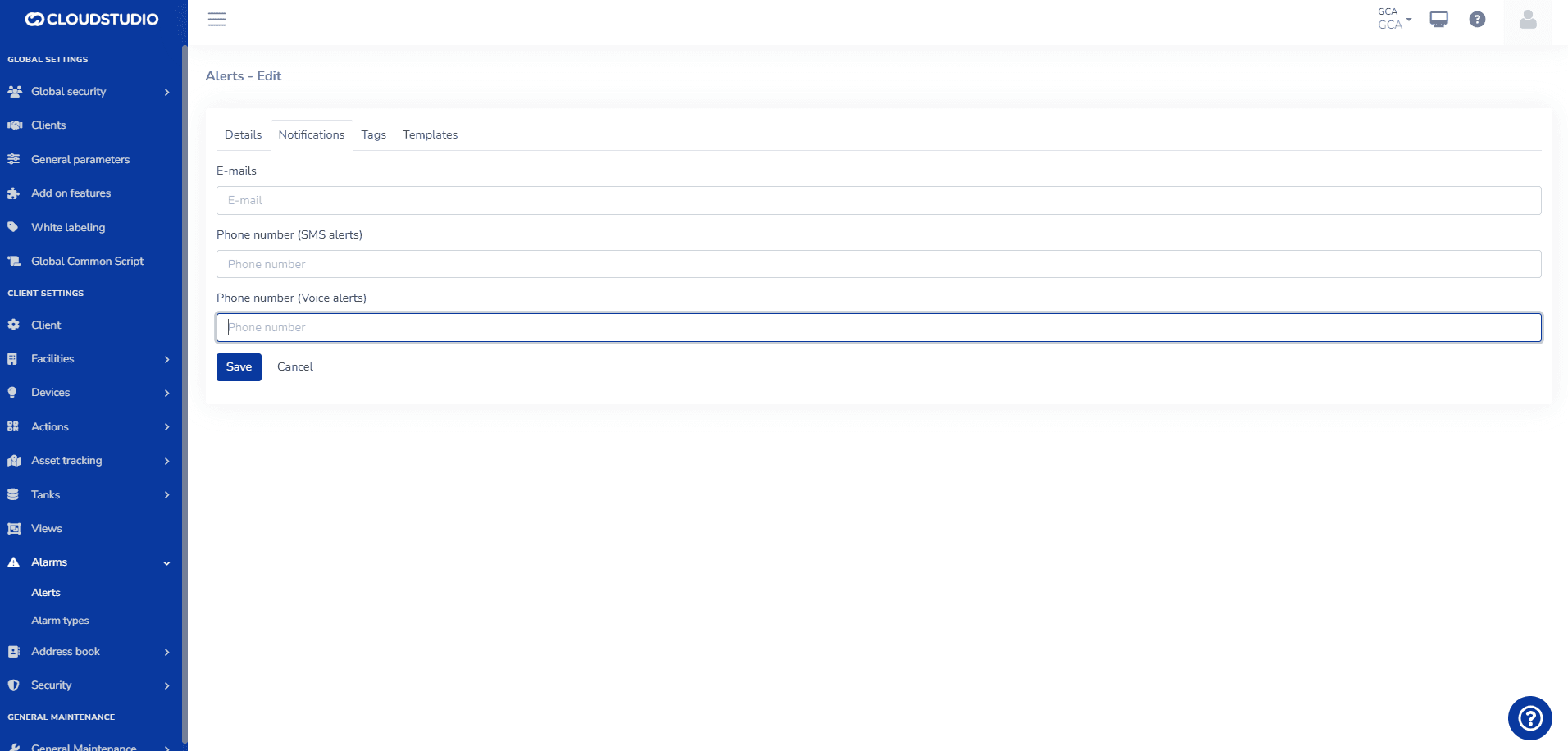 Tab Benachrichtigungen des Alarms mit Feldern für E-Mail, SMS-Telefonnummer und Sprach-Telefonnummer