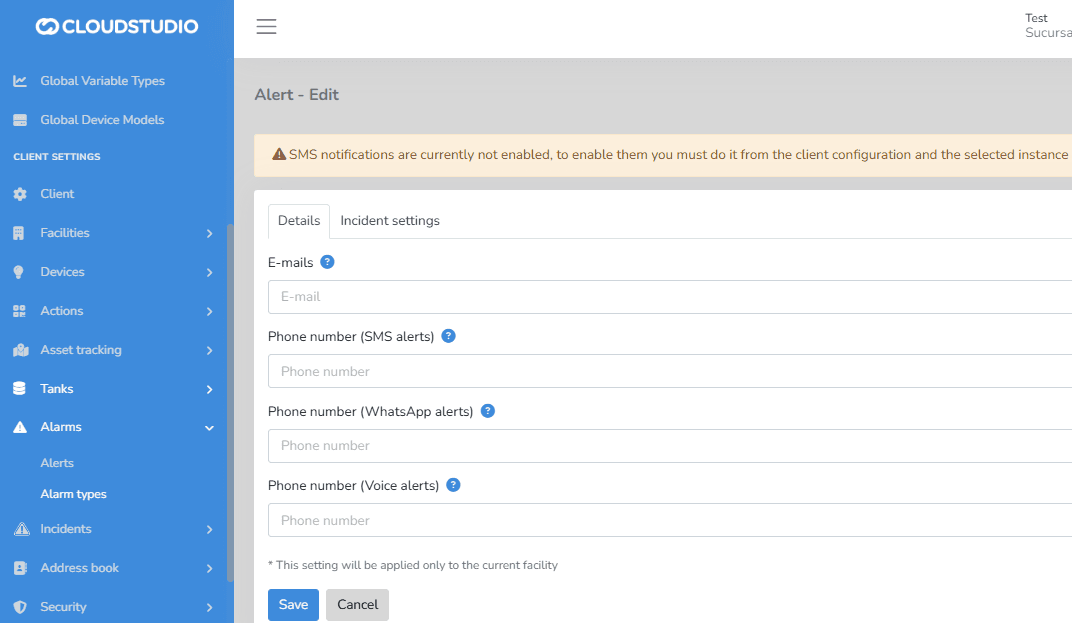 Bearbeitung des Alarmtyps mit E-Mail- und Telefonfeldern für SMS, WhatsApp und Sprache