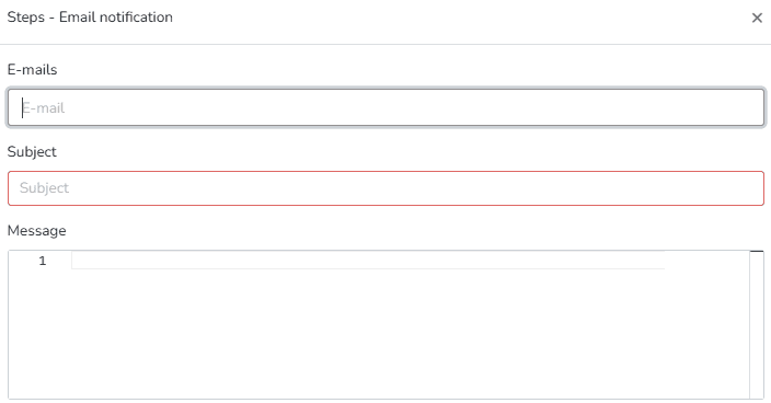 Dialog für den Schritt E-Mail-Benachrichtigung mit Feldern für E-Mails, Betreff und Nachricht