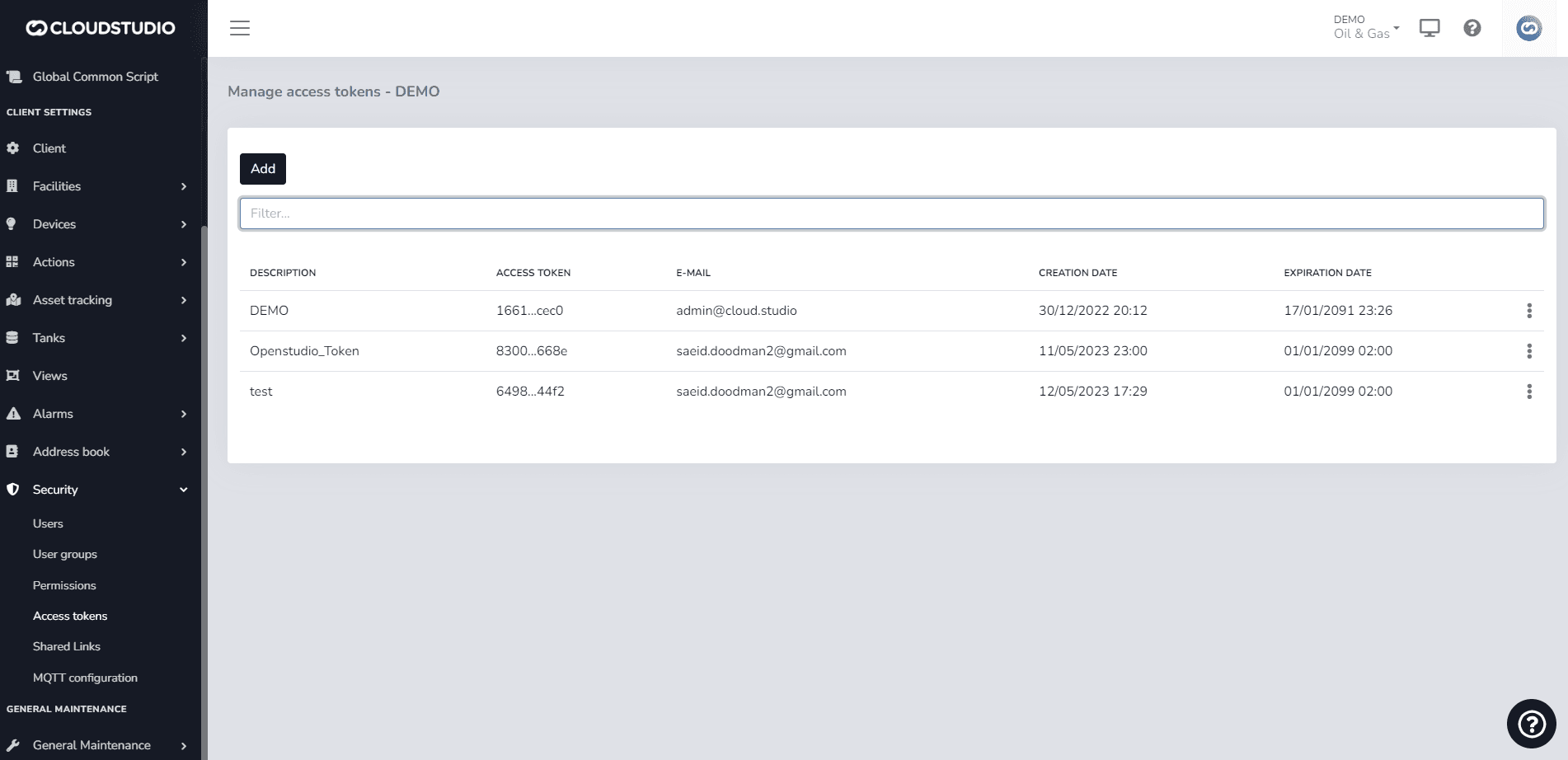 Écran de gestion des tokens d'accès avec le bouton Ajouter et la liste des tokens