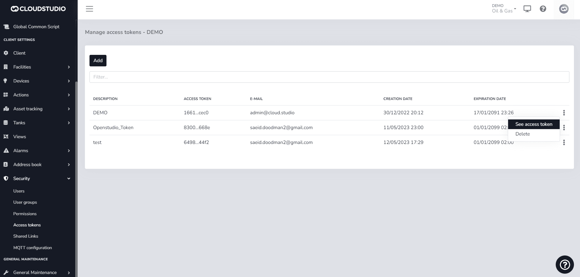 Liste des tokens avec le menu contextuel ouvert sur l'option Voir le token d'accès