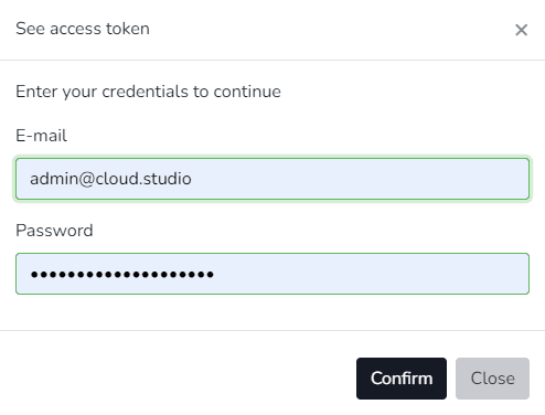 Fenêtre Voir le token d'accès demandant l'e-mail et le mot de passe pour continuer