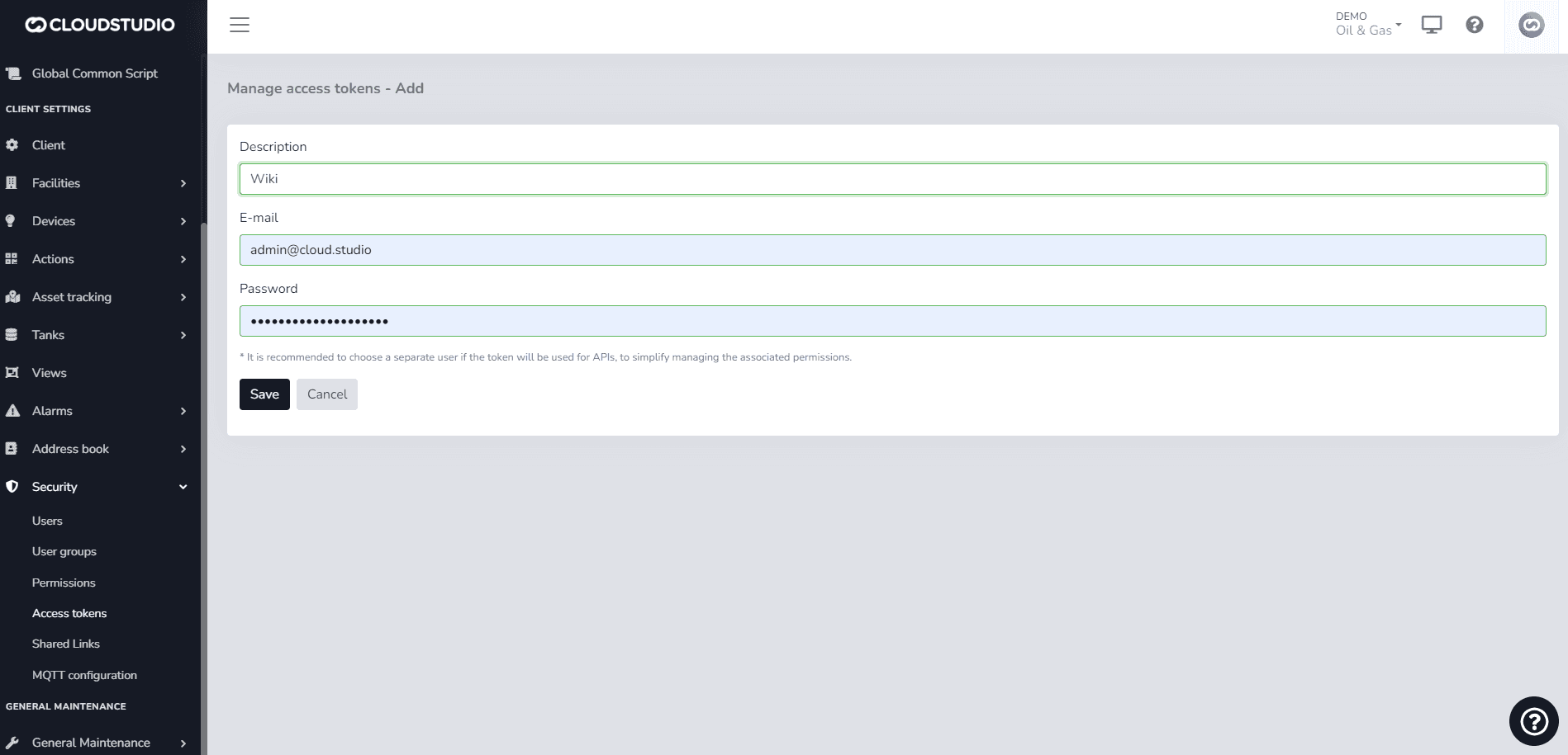 Formulaire d'ajout d'un token d'accès avec description, e-mail et mot de passe