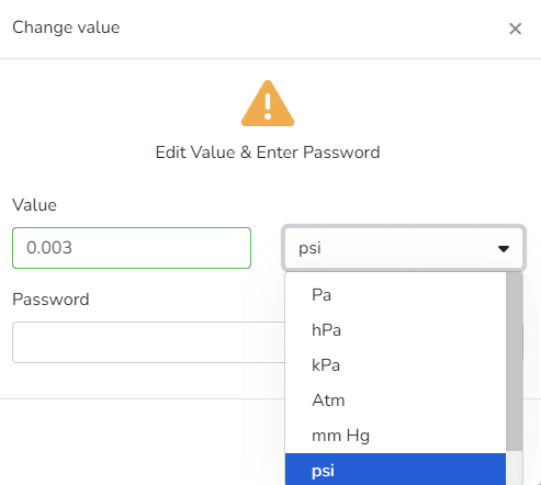 Dialog Wert ändern mit Wertfeld, Dropdown für Maßeinheiten und Passwortfeld