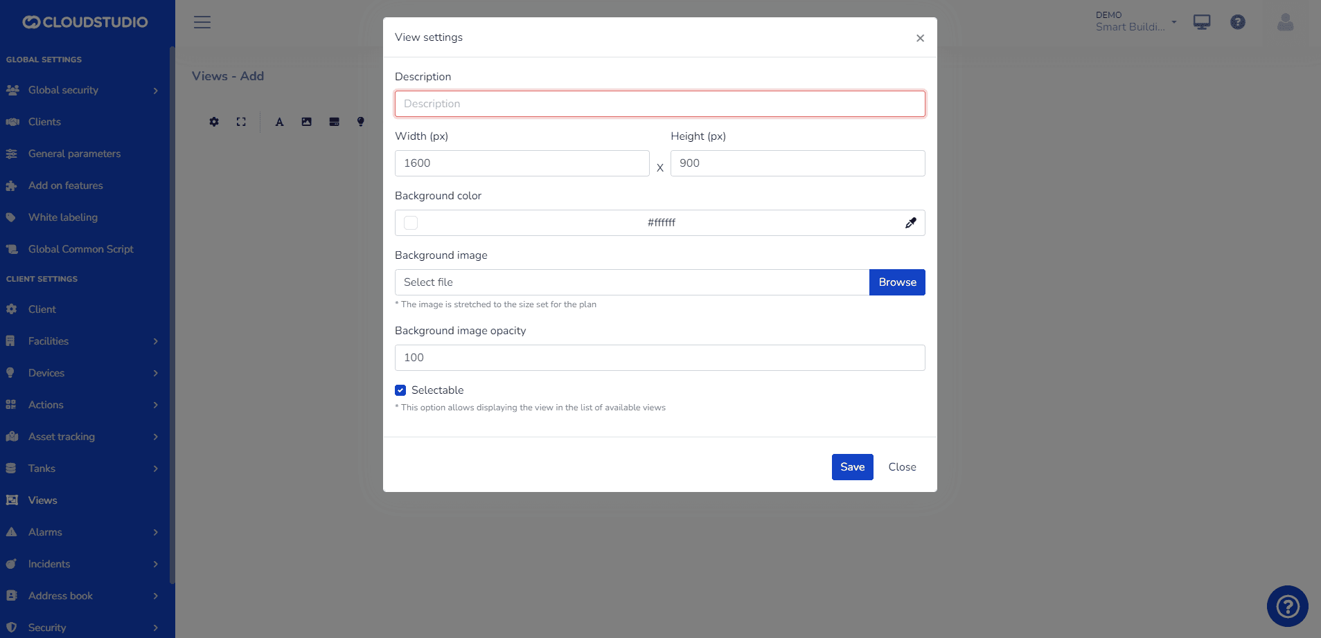 Dialog Ansichtseinstellungen mit Beschreibung, Größe, Hintergrund und Option Auswählbar
